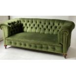 CHESTERFIELD SOFA, Victorian royal green velvet upholstered with deep button rounded back and