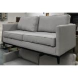 SOFA, contemporary two seater with light grey upholstery on black tapered supports, 198cm x 98cm H x