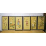 CHINESE PANELS, six, depicting figural, floral and avian subjects, each 48cm D x 90cm H. (6)