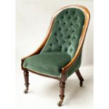 SLIPPER CHAIR, William IV rosewood with button back royal green velvet upholstery and castors,