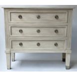 COMMODE, French Directoire style grey painted and silvered metal with three long drawers and