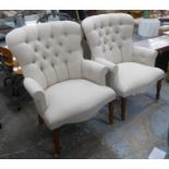ARMCHAIRS, a pair, buttoned back, neutral upholstered, 96cm H. (2)