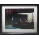 AFTER EDWARD HOPPER 'Nighthawks', quadrichrome, 83cm x 113cm overall, framed and glazed.