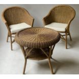 ORANGERY ARMCHAIR, a pair, rattan and cane bound with rounded backs together with a glass topped