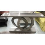 CONSOLE TABLE, contemporary in a grey gloss finish with interlocking ring supports, 83cm H x 150cm x