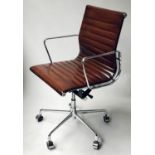 REVOLVING DESK CHAIR, Charles and Ray Eames inspired ribbed hand dyed leaf brown leather revolving