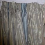 CURTAINS, two pairs in blue/green aqua marine silk fabric, with a broad blue border, lined each