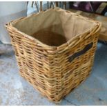 LOG BASKET, wicker with leather handles, jute interior, 60cm x 60cm x 60cm.