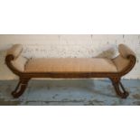 WINDOW SEAT, Regency style carved hardwood in patterned pink silk, 159cm W x 46cm D. (slight faults)