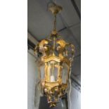 HALL LANTERN, gilt metal, of hexagonal form with glass panels, 65cm H.