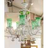 CHANDELIER, five branch, Bohemian white glass, with swept arms and sea green glass shades, 74cm H