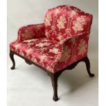 IRISH SOFA, 19th century mahogany with crimson and gold silk upholstery carved cabriole supports and