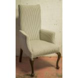 ARMCHAIR, 19th century in new ticking upholstery on cabriole legs (repairs) 115cm H x 63cm.