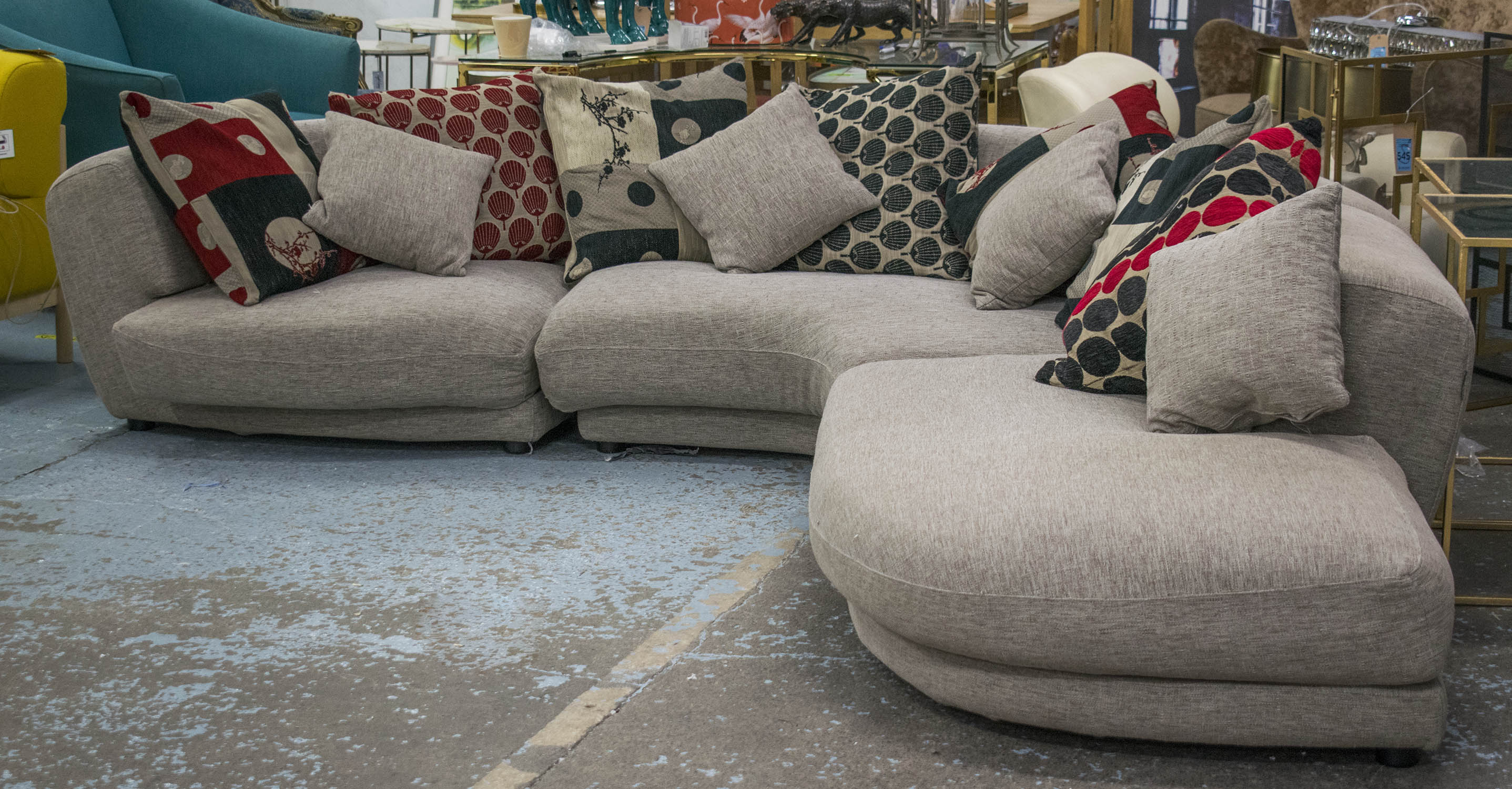 ROCHE BOBOIS CORNER SOFA, taupe fabric in three parts with eleven various scatter cushions, 66cm H x - Image 2 of 7