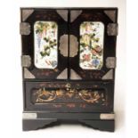 MEIJI CABINET, 19th century period black lacquered silvered metal mounted with painted porcelain