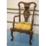 OPEN ARMCHAIR, carved hardwood, with olive green drop in seat, on elephant legs, 68cm W (slight