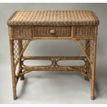 RATTAN SIDE/HALL TABLE, vintage rattan and cane bound rectangular with frieze drawer and wicker