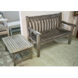 PJ BRIDGMAN AND CO LTD GARDEN BENCH, weathered teak 124cm W and a low table, 38cm H x 75cm x