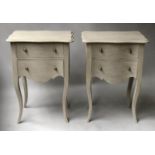 BEDSIDE CHESTS, a pair, French style grey painted each with two bombé front drawers, 57cm x 79cm H x
