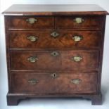 CHEST, early 18th century English Queen Anne figured walnut with two short and three long drawers,