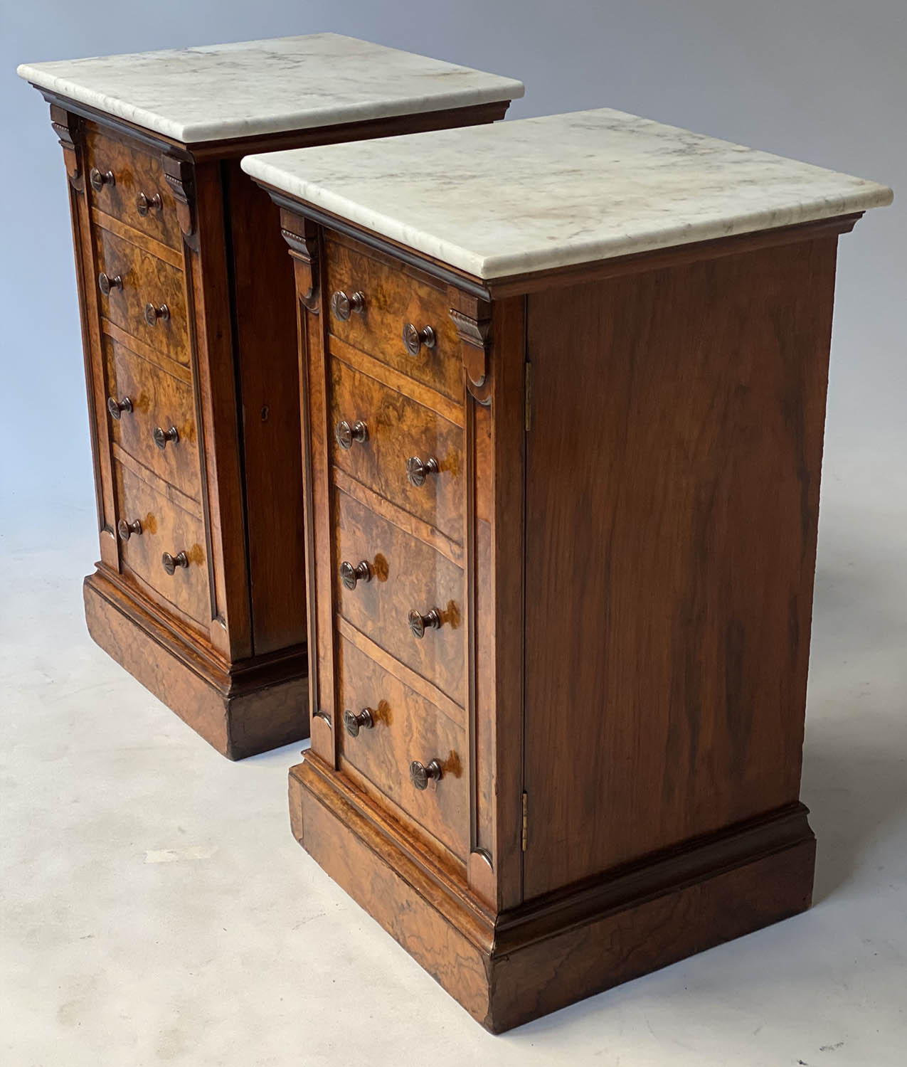 SIDE CABINETS, a pair, Victorian burr walnut each adapted with marble top above a panelled door - Image 4 of 8