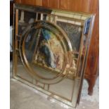 WALL MIRRORS, a pair, contemporary design with a circular bevelled central plate in a square frame