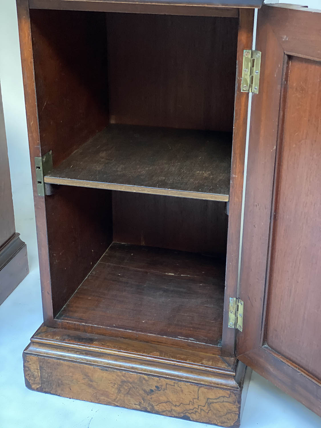 SIDE CABINETS, a pair, Victorian burr walnut each adapted with marble top above a panelled door - Image 2 of 8