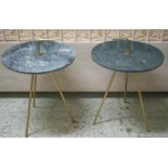 SIDE TABLES, a pair, vintage style, brass, each with circular green marble top and carry handle,