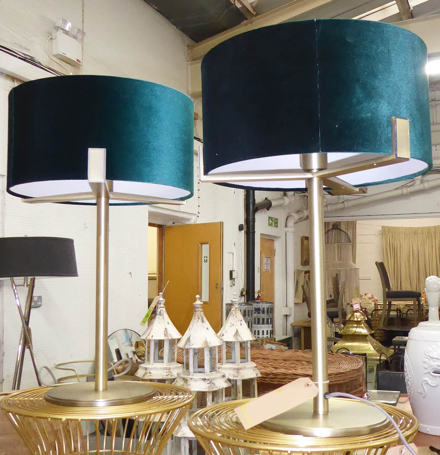 TABLE LAMPS, a pair, contemporary design, green velvet shades, 59cm H approx. (2)