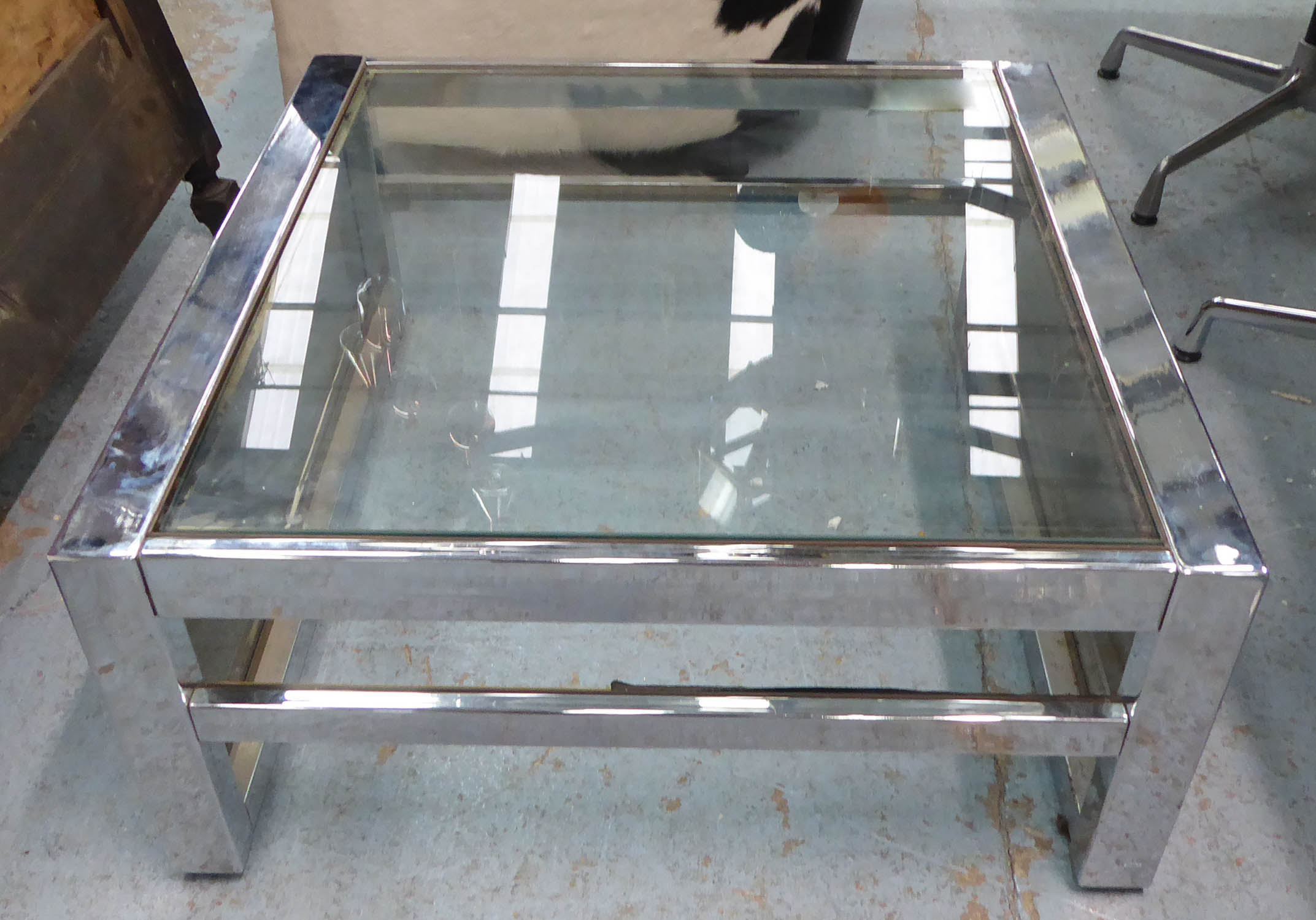 LOW TABLE, vintage 1970's with chrome and glass with smoked glass sides, 80cm D x 80cm W x 35cm H.