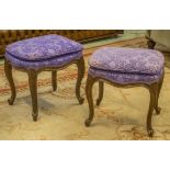 STOOLS, a pair, Louis XV style with purple upholstery, 47cm H x 47cm x 37cm. (2) (with faults)