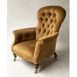 ARMCHAIR, Victorian mahogany with rust brown velvet button upholstery and 'Cope & Collins' patent