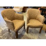 ART DECO TUB ARMCHAIRS, a pair, walnut with arched backs with maple leaf woven upholstery, 60cm