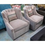 LOUNGE CHAIRS, a pair, sculpted back design, velvet upholstered, each with cushion, patterned