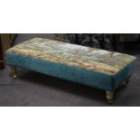 HEARTH STOOL, tapestry style landscape and blue velvet upholstered on light beech feet and brass