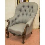 ARMCHAIR, mid Victorian mahogany in patterned grey fabric, 95cm H x 75cm.