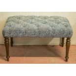 STOOL, part Victorian mahogany with buttoned blue upholstery, 48cm H x 88cm x 53cm.