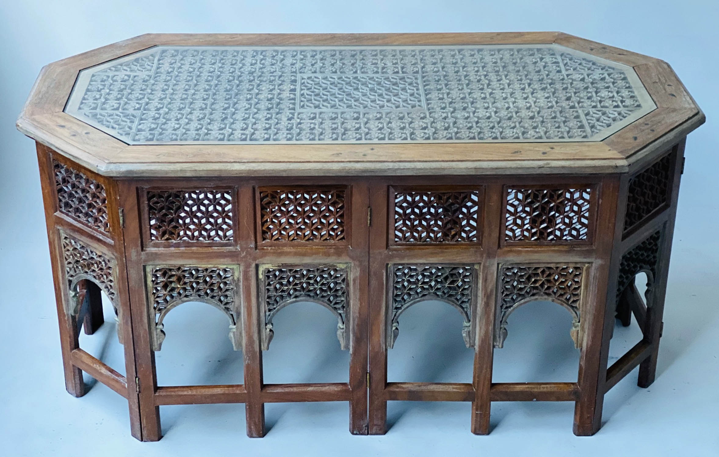 LOW TABLE, vintage Moorish teak and brass inlaid octagonal with pierced inset panels and glass - Image 2 of 7