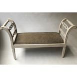 WINDOW SEAT, French Louis XVI style grey painted with raised scroll arms and plush taupe velvet