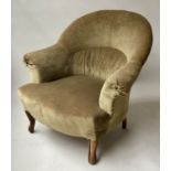 ARMCHAIR, Napoleon III design green velvet upholstered with arched back and scroll arms with