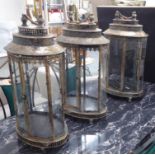 LANTERNS, a set of three, distressed gilt finish, 70cm H. (3)