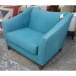 JOHN LEWIS LOVE SEAT, turquoise fabric (with faults, upholstery marked), 89cm H x 120cm W x 98cm D.