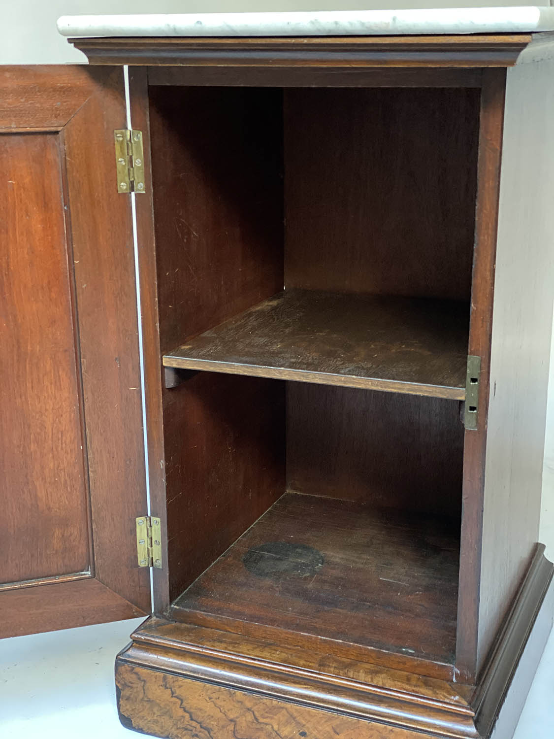 SIDE CABINETS, a pair, Victorian burr walnut each adapted with marble top above a panelled door - Image 5 of 8