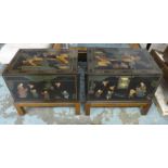 TRUNKS ON STANDS, a pair, Chinoiserie designs, with rising lids and brass handles, each, 61cm W x