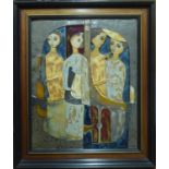 CERAMIC TABLEAU of MUSICIANS, 55cm x 45cm, framed.