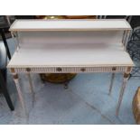WRITING TABLE, French Neo classical style, grey painted with gilt accents and single drawer, 97cm