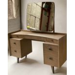 LEBUS DRESSING TABLE VINTAGE, 1970's segmented oak with adjustable mirror, three frieze drawers (one
