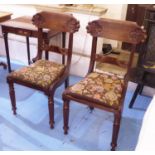 DINING CHAIRS, a set of four, William IV mahogany with carved top rails, floral needlework seats and