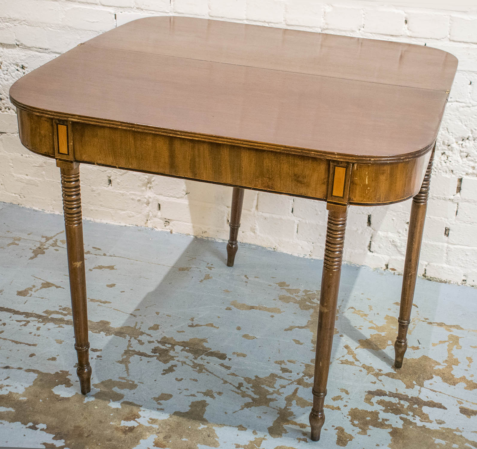 TEA TABLE, Regency mahogany with D shaped foldover top and satinwood inlaid frieze, 75cm H x 91cm - Image 3 of 3