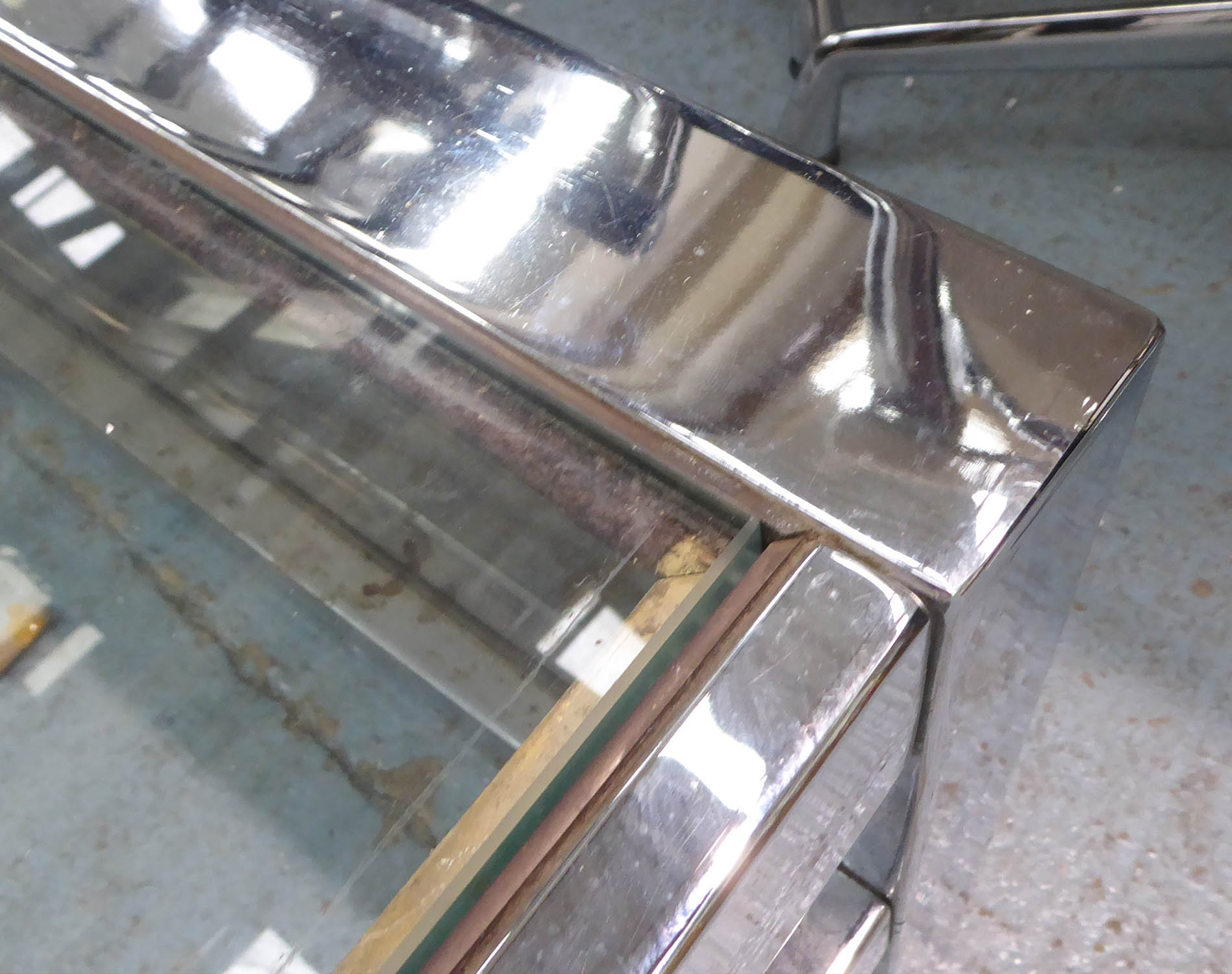 LOW TABLE, vintage 1970's with chrome and glass with smoked glass sides, 80cm D x 80cm W x 35cm H. - Image 4 of 5